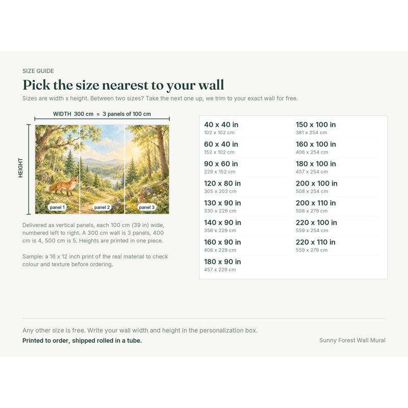 Sunny Forest Wallpaper Mural, Peel and Stick Kids Room Wall Mural, Watercolor Nursery Wallpaper Made to Measure, 102 x 102 cm