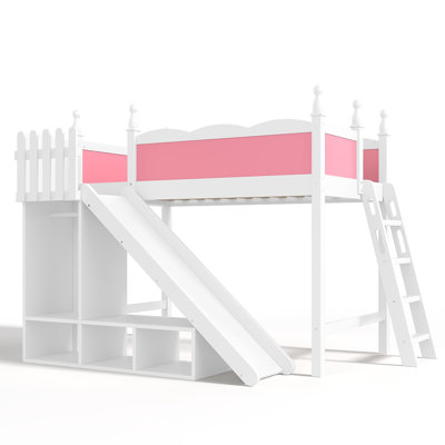 Lit mezzanine pour enfants, lit mezzanine avec garde-corps multi-tablettes et garde-robe, lits mezzanine en bois massif avec glissières et échelles détachables, aucun sommier nécessaire, lit mezzanine pour tout-petit