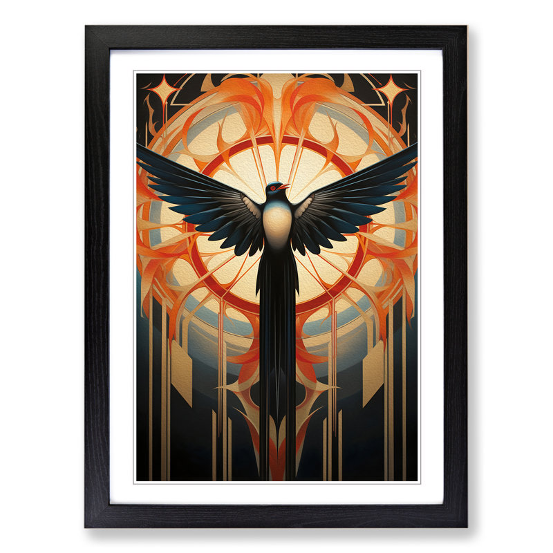 Swallow Art Deco No.2 - Single Picture Frame Print on Wood, Black, 64cm H x 46cm W x 2cm D