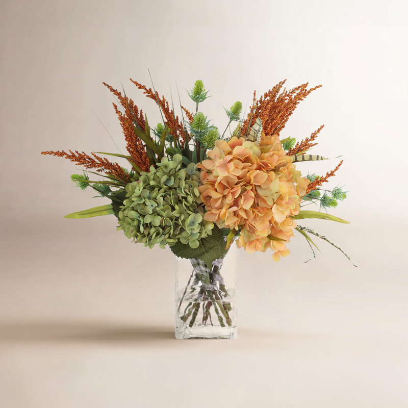 Hydrangea and Heather Fall Arrangement in a Glass Vase