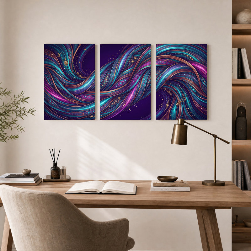 Ensemble de 3 toiles métalliques bleu sarcelle et tourbillons mauves, H 36 po x l 24 po x 3 pièces
