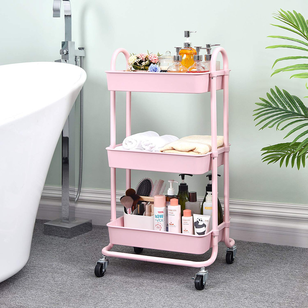 3 Tier Rolling Cart,Organizer Trolley With Handles,Pink