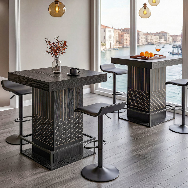 Table de bar moderne carrée noire avec piédestal incrusté d'or, table de pub à hauteur de comptoir avec finition grain de bois