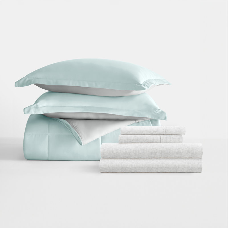 7-Piece Reversible Bedding Bundle - Solid Comforter and Patterned Sheet Set, King Comforter + 1 Additional Piece, Teal