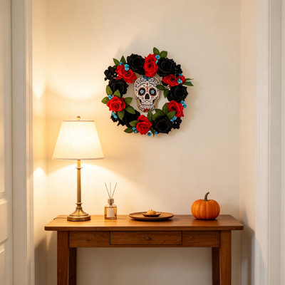13.7 Inch Small Sugar Skull Front Door Wreath with Red & Black Artificial Roses, Dia De Los Muertos Halloween Wall Hanging Decor for Indoor, Covered Porch