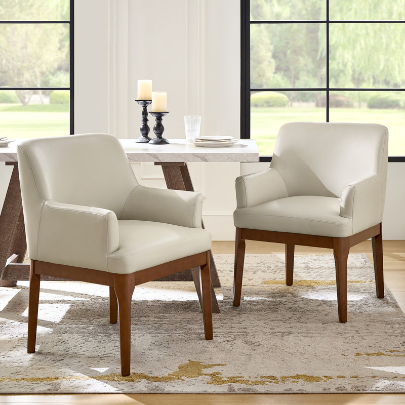  Chaise de salle à manger de style Mid-Century moderne en cuir avec pieds en bois massif Stanley (ensemble de 2)
