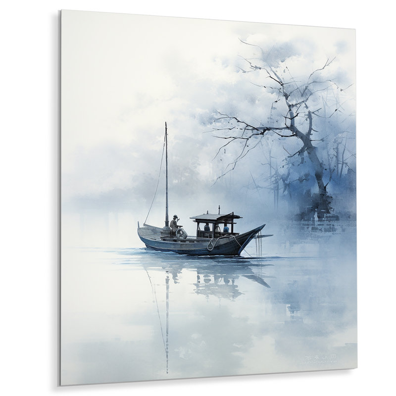 Asian Art Blue Boat Monocrhome - Décoration murale asiatique en métal, H 32 po x l 16 po x P 1 po