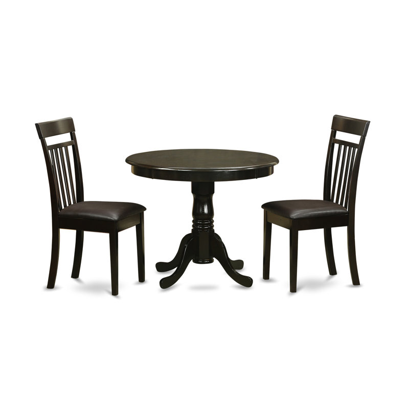 3 Piece Dining Room Table Set Contains a Round Wooden Table with Pedestal and 2 Faux Leather Kitchen Dining Chairs, Cappuccino