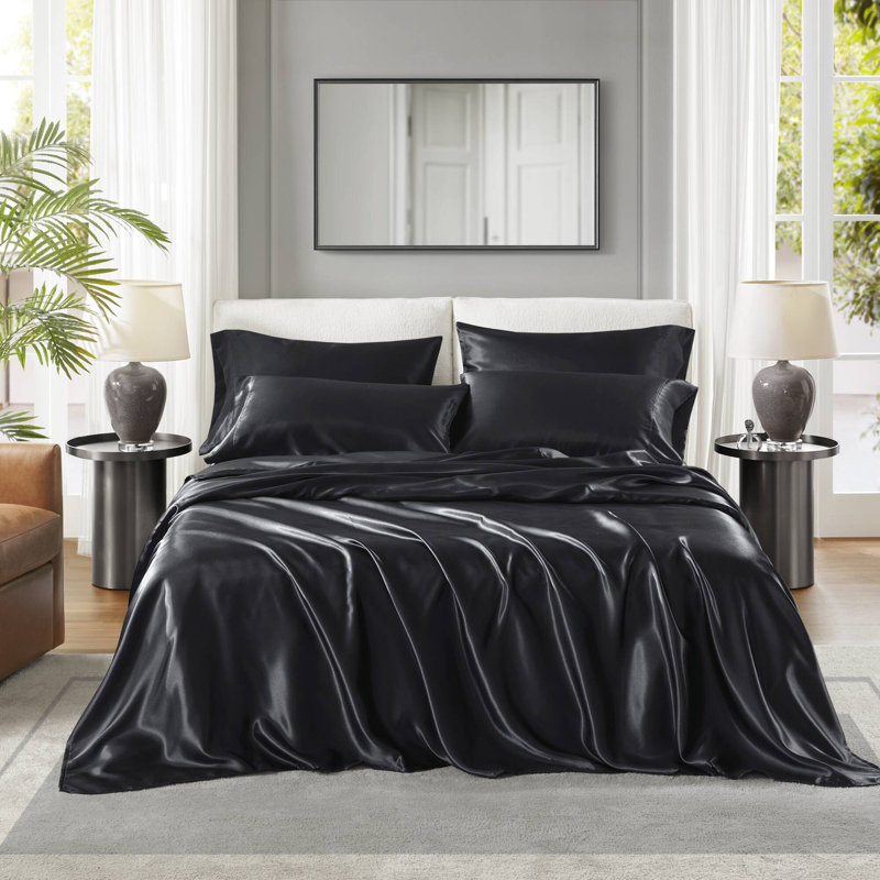 Ensemble de draps en satin de luxe, Très grande housse de couette + 6 pièces additio, Noir