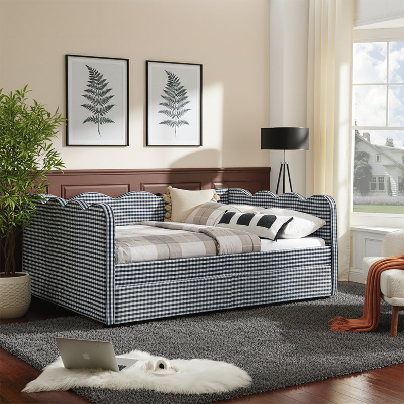 Cozy Gingham Daybed with Two Storage Drawers, USB Port, and Adorable Wave Shaped Linen Fabric, Full, Black