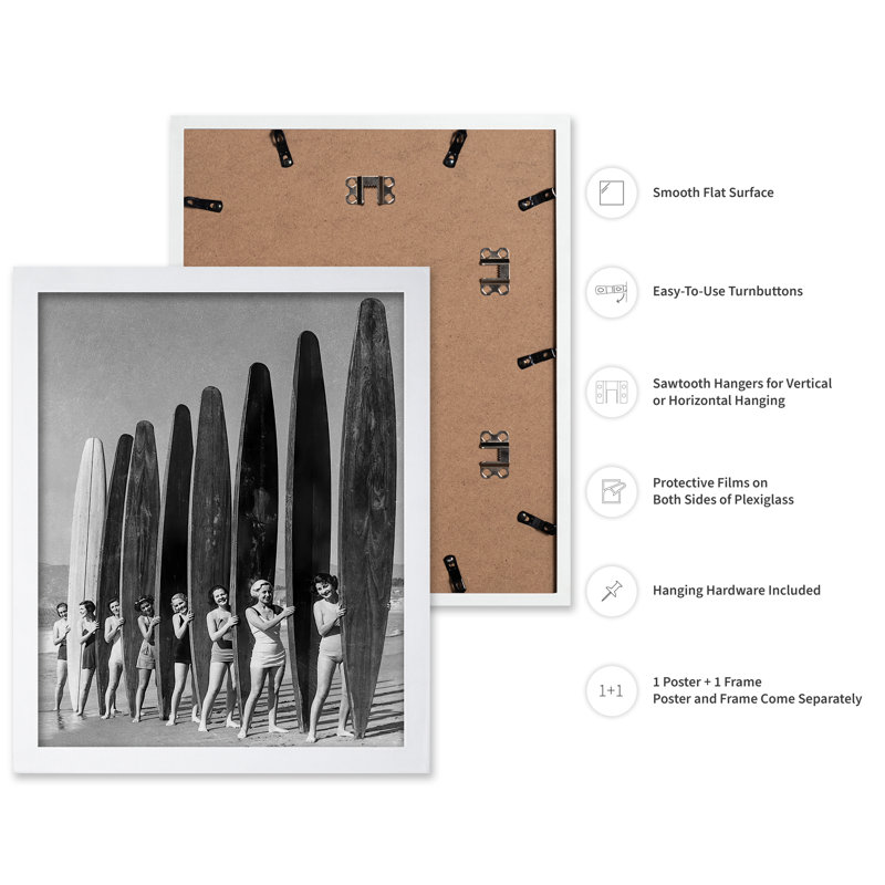 Femmes surfeuses, Affiche, Encadrement blanc, H 16 po x l 20 po
