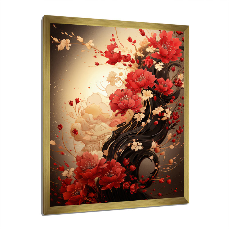 Chrysanthèmes rouges sur une branche - rétro japonais, Cadre doré à une seule photo, H 20 po x l 12 po x P 1 po