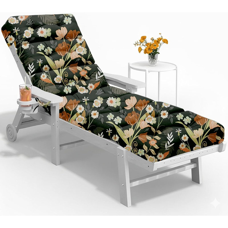 Coussin de chaise longue toutes saisons, coussin de chaise longue d'extérieur en mousse viscoélastique imperméable avec attaches, coussin de remplacement de mobilier de patio épais, motif floral vert