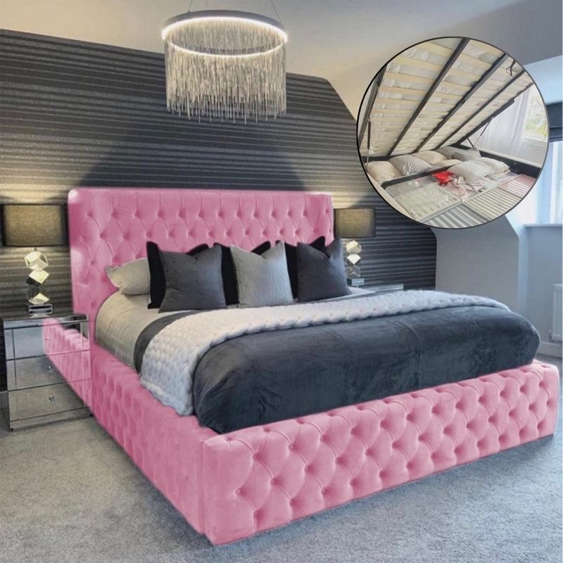 Aliyannah Upholstered Ottoman Storage Bed, Double (4'6), Pink