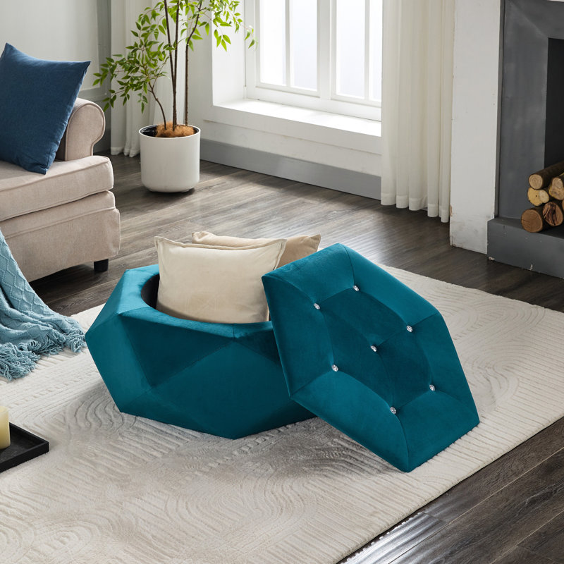 Blue Velvet Multi - Function Polygon Diamond , Footrest, Seating And Storage, 34"L X 30.5"W 13.5"H, Suitable For Dorm Elegant Storage Footrest Bedroom Living Area, 34 Inches Long, 30.5 Wide, 13.5 High