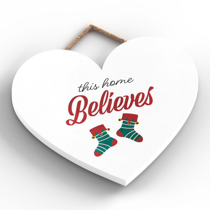 Xmas This Home Believes Stockings Wooden Heart Plaque, 16cm H x 17cm W x 0.9cm D
