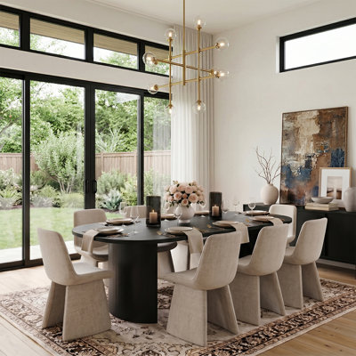 Modern 79" Oval Dining Table Set For 8 With Upholstered Dining Chairs
