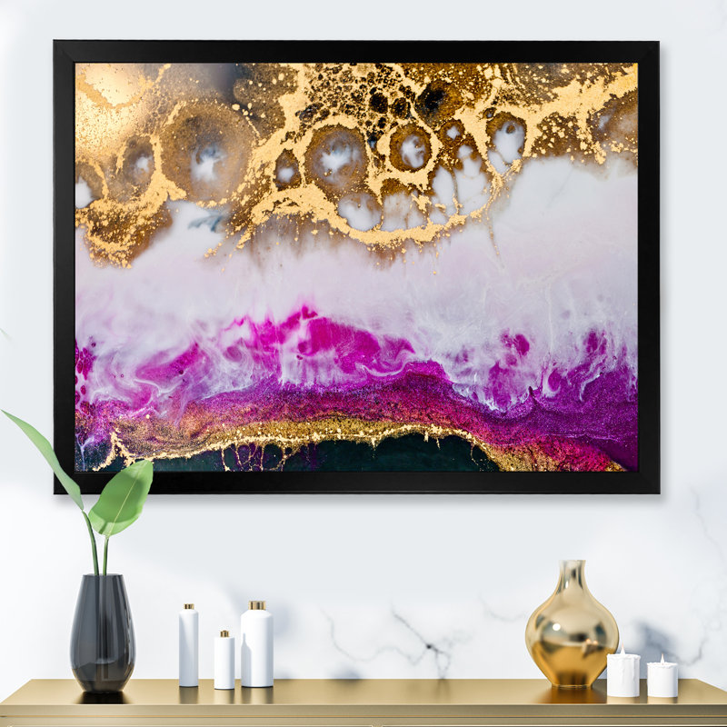 Résine époxy or blanc et fuchia - peinture sur toile, H 12 po x l 20 po, Toile avec cadre de coin noir fermé