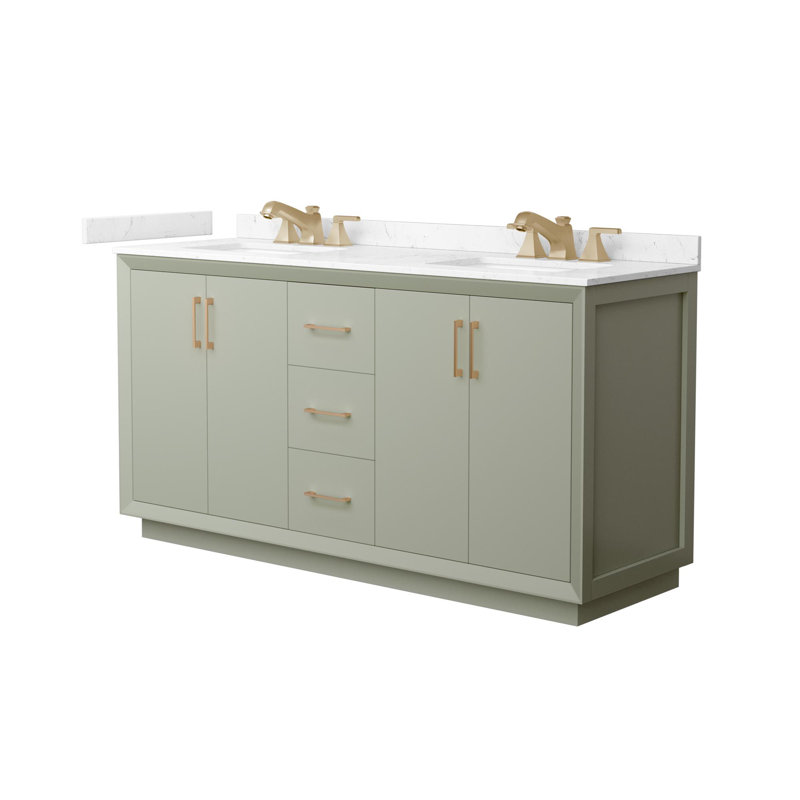 Strada 66" Freestanding Double Bathroom Vanity with Cultured Marble Top, Green, Satin Bronze