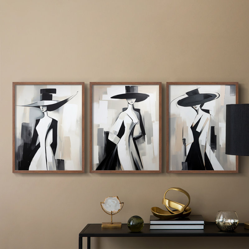 Série féminine XXXI -Set de 3 estampes numériques giclées -Prêt à accrocher, Cadre noyer, H 14 po x l 11 po