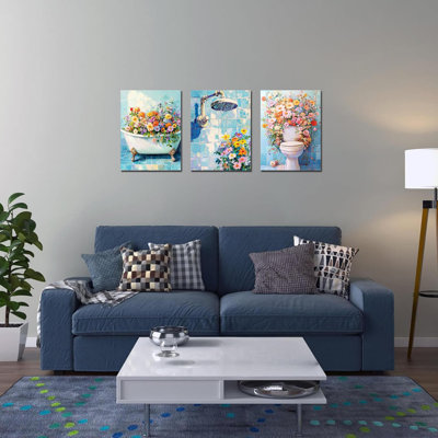 3 Pieces Botanical Floral Pictures Shower Bathtub Toilet with Colorful Flowers Painting Blue Wall Decor, 16 x 24 inch
