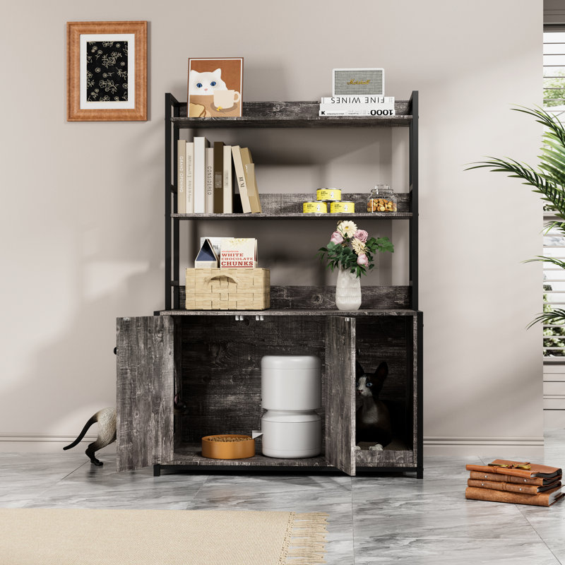 Grande armoire à chat intérieure grise avec rangement pour tablette, portes doubles et bloc-notes, un bac à litière dissimulé intelligent