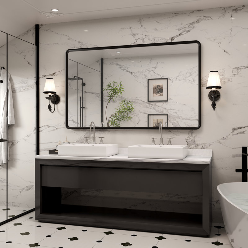 Molly Beveled Edge Metal Framed Tempered Glass Wall Mounted Rectangular Vanity Mirror, 60" x 36"