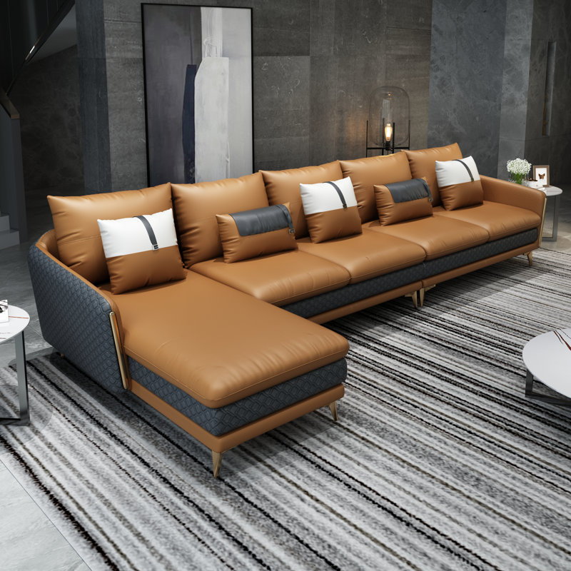 Ellaville Upholstered Sectional, Camel/Dark Gray Genuine Leather, Left Hand Facing