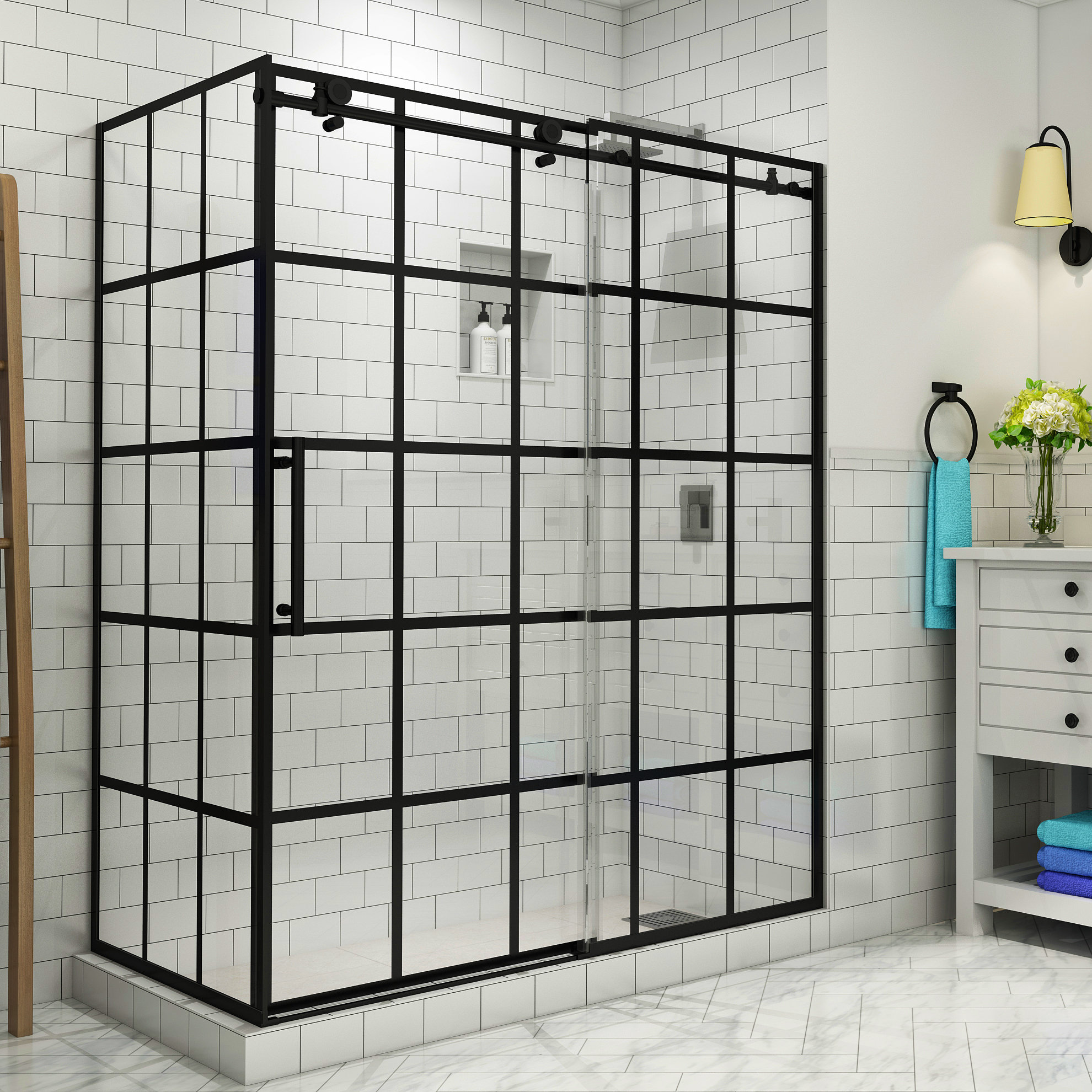 Aston Kamaya 56 in. - 60 in. x 33.875 in. x 76 in. Frameless Sliding Shower Enclosure in Matte Black, Right Open