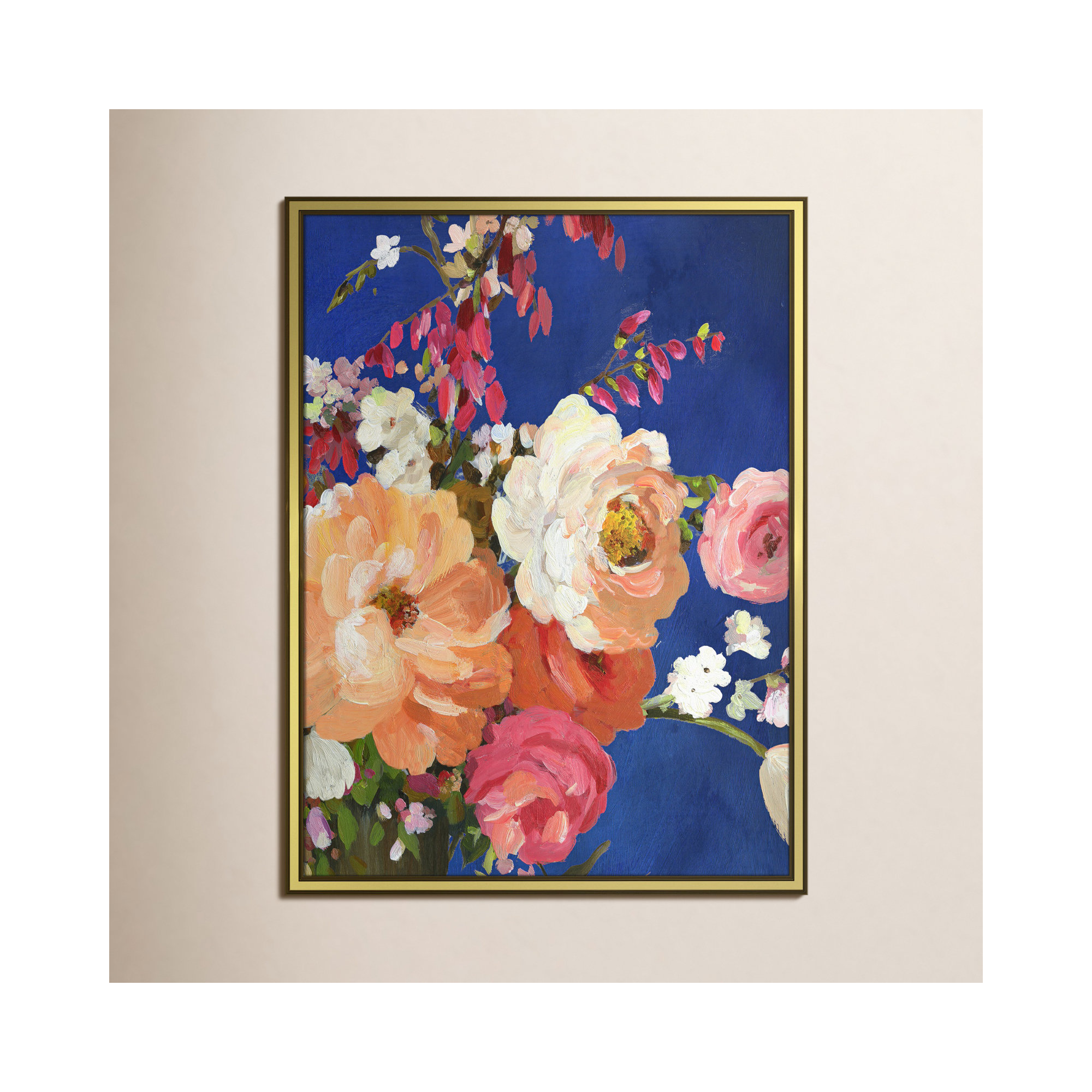 Midnight Garden Flowers I - Picture Frame Painting, Gold Framed, 24.25" H x 18.25" W x 0.75" D