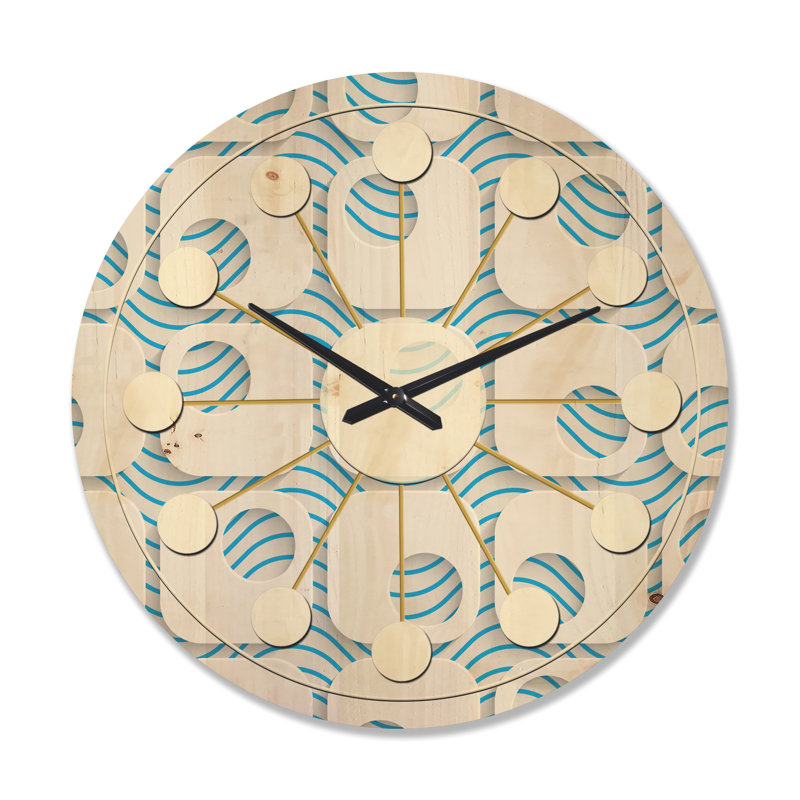 Horloge murale 3D en bois blanche et bleue III - Mid-Century, Grand