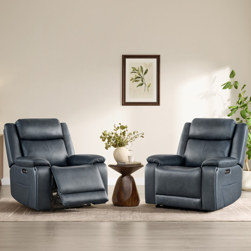 Zero Wall Genuine Leather Power Recliner With Power Headrest, Navy