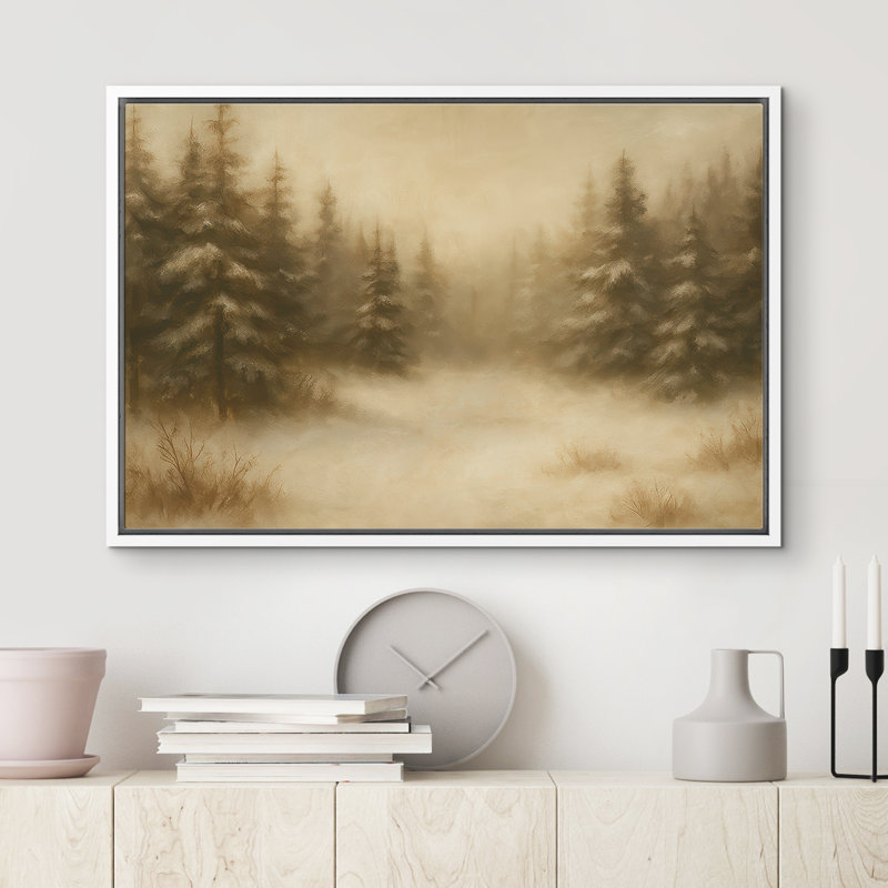 «Snowy Evergreen Forest in Soft Golden Light», reproduction d'art sur toile encadrée dans la chambre principale, Blanc
