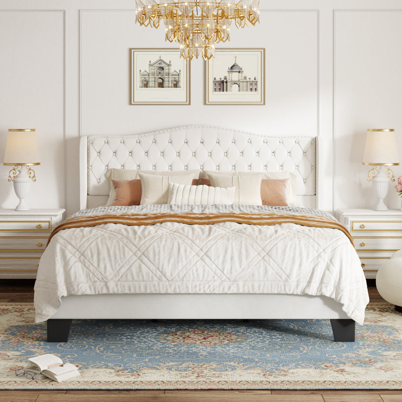Mieya Upholstered Platform Bed Frame with Tufted Nailhead Trim Wingback Headboard, Beige, King