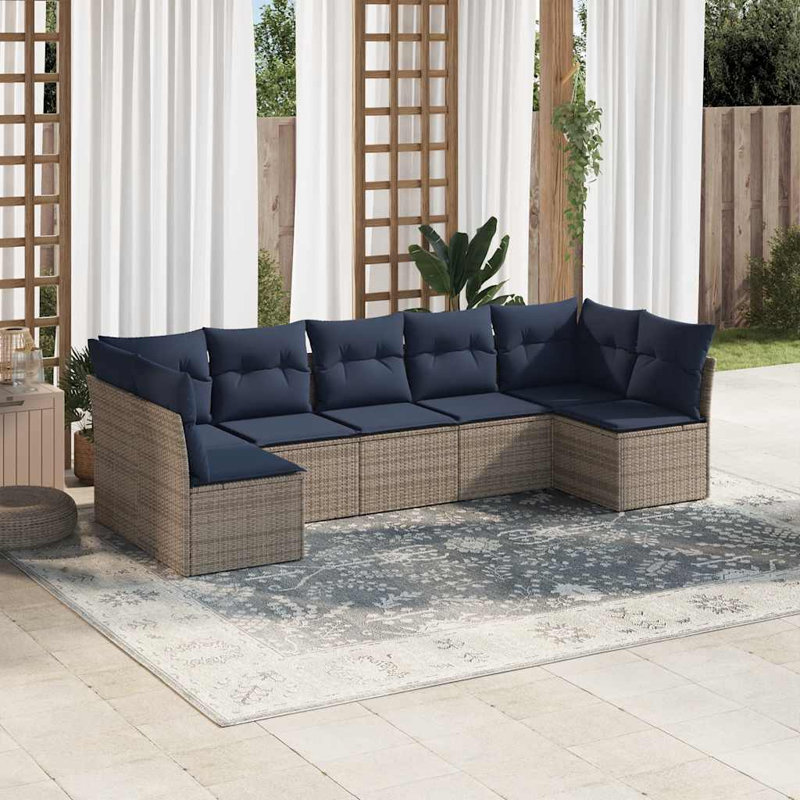 Ensemble de canapé de patio 7 pièces avec coussins pour l'extérieur, Marine, Gris
