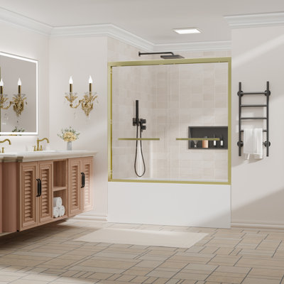 56-60 In. W X 58 In. H Sliding Framed Tub Door In Brushed Gold With Tempered Clear Glass