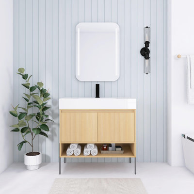 Meuble-lavabo autoportant de 36 pouces avec lavabo en résine, portes à fermeture douce, chêne original