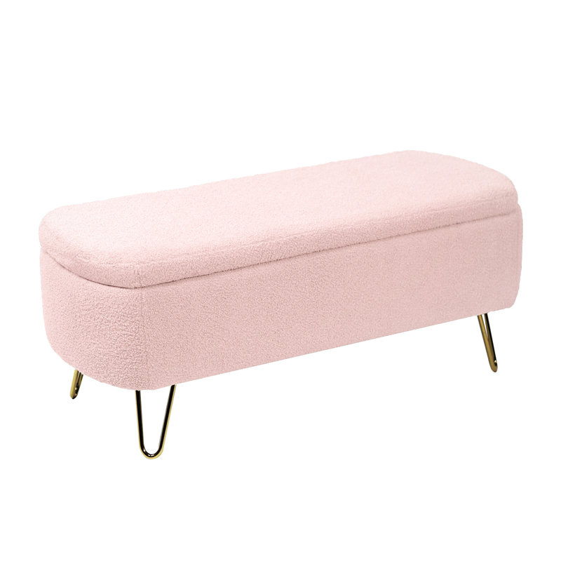 Charming Pink Storage Bench With Faux Fur And Stable Gold Leg Parts For Entryway Elegant Upholstery Patterns, Pink