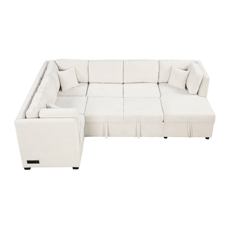 U-Shaped With Bed, Storage Chaise & Port, Beige Sectional Storage, Bed Connection,, Beige Chenille