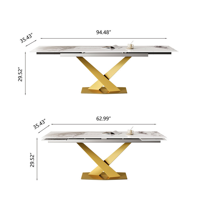 Table de salle à manger extensible de 63 à 94,5 po pour 8 à 10 personnes avec plateau rectangulaire en pierre frittée et base en acier