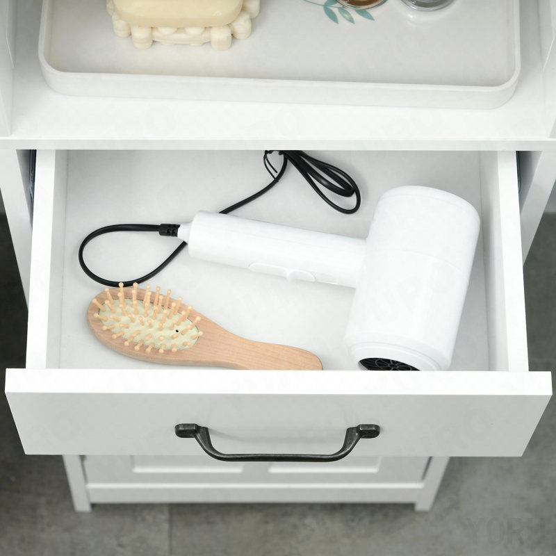 Armoire de rangement mince, armoire de salle de bain haute, tour à linge avec tablette ouverte, tiroir, portes encastrées et tablettes réglables, blanc