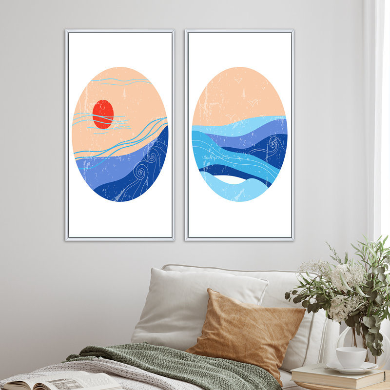 «Retro Circular Vintage Landscape Designs I», ensemble de 2 peintures, H 40 po x l 40 po x P 1,5 po, Toile avec cadre blanc