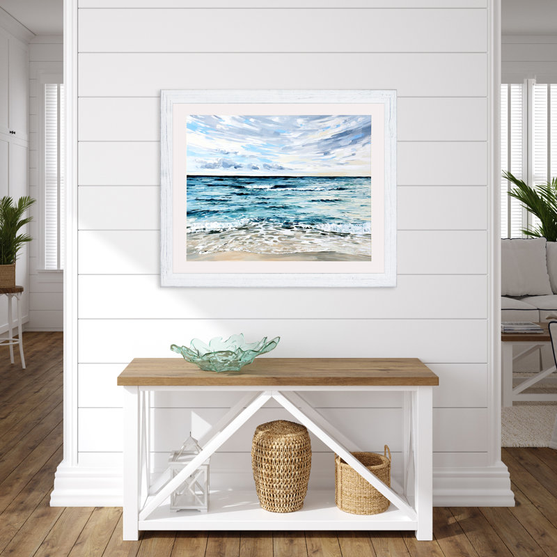 Whispy Clouds Coastal Oil Painting Print with Silver Frame