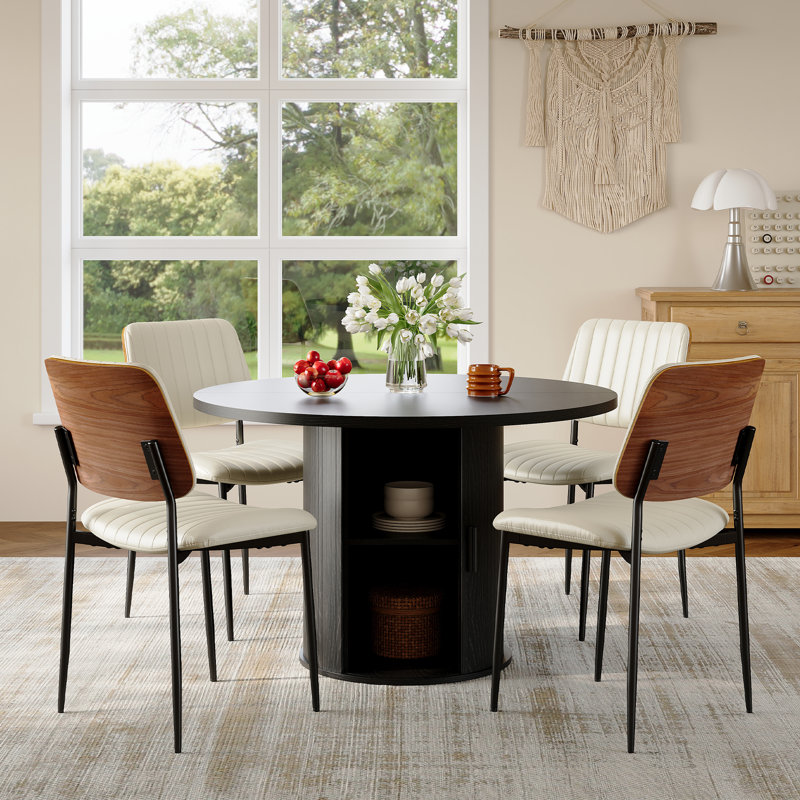 4 - Person Round Dining Table Set With Hidden Storage & 4 Upholstered Chairs, Black, White