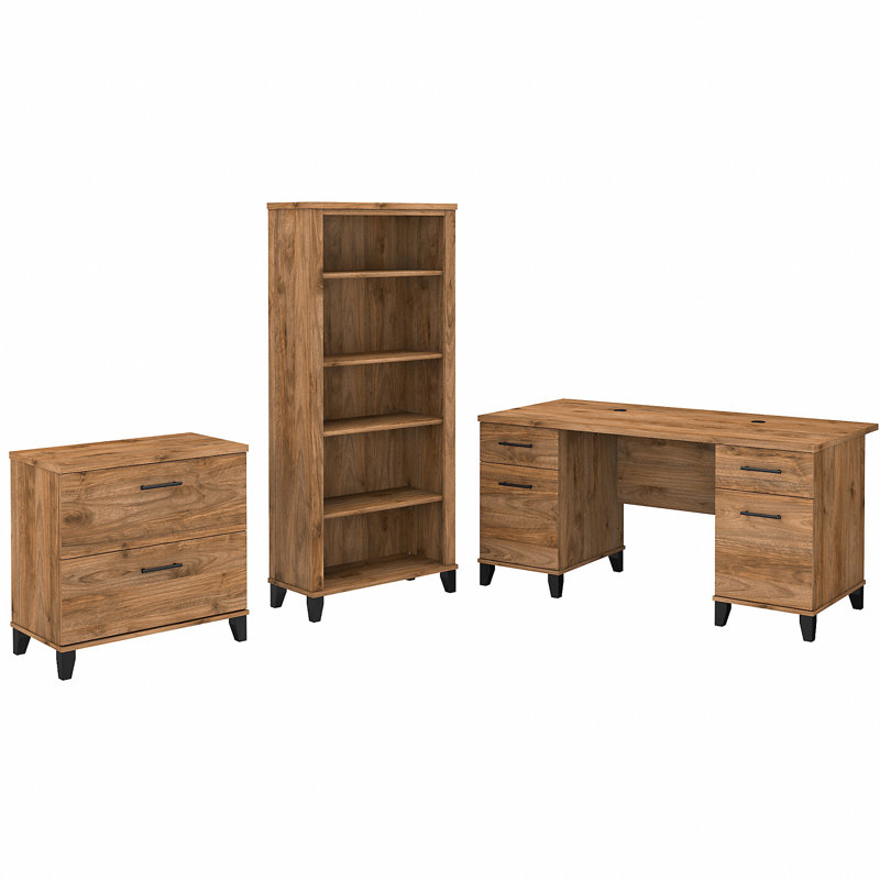 Magomed 3 Piece Computer Desk Office Set, Fresh Walnut