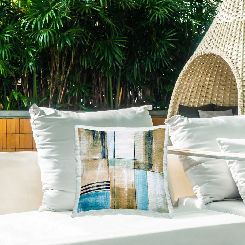 Tan and Blue Geometric Square Outdoor Throw Pillow