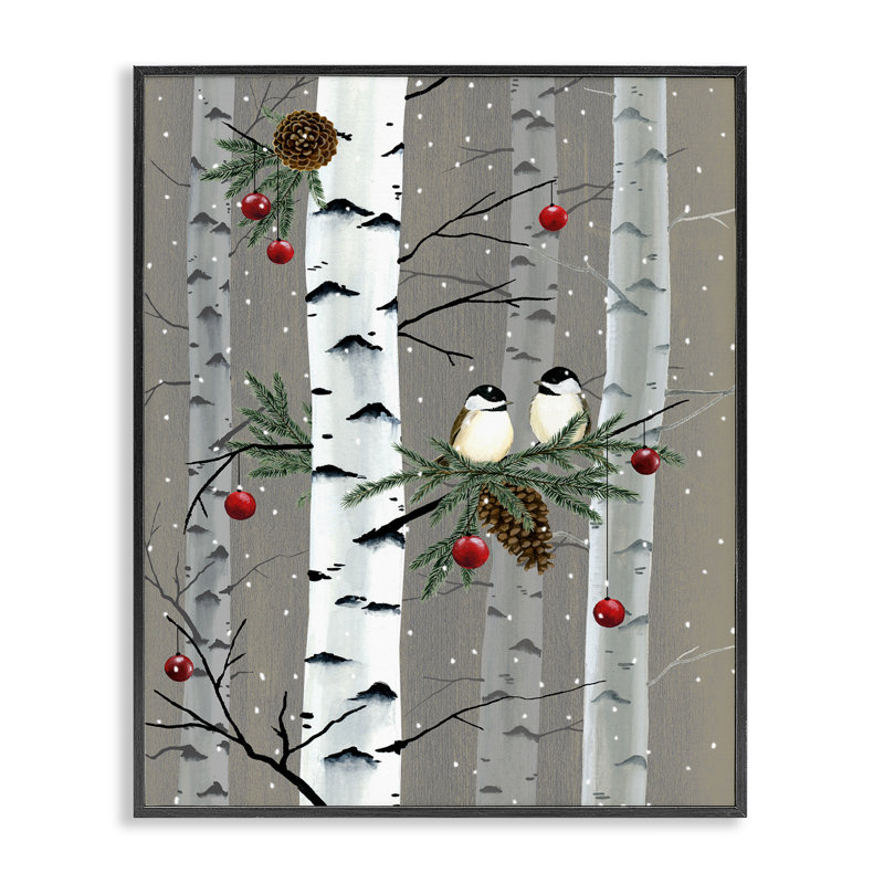 Oiseaux et ornements de Noël forêt de bouleaux, H 30 po x l 24 po, Giclée encadrée noir minuit