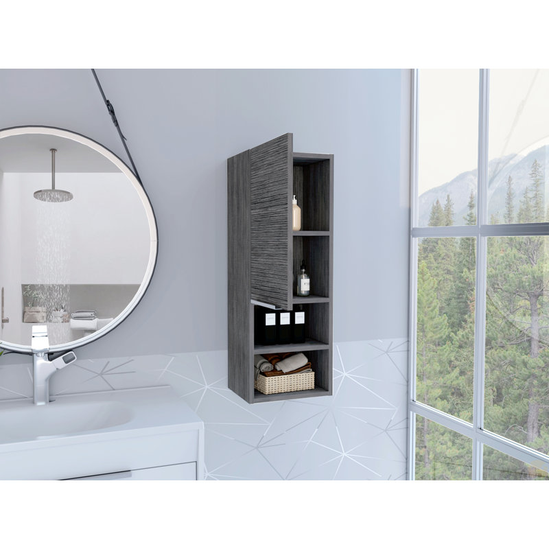 Armoire de salle de bain, deux tablettes intérieures, deux tablettes extérieures, armoire à une porte, Gris