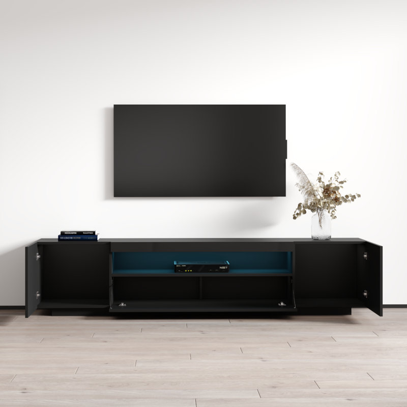 Meuble télé Kenyette 78,7 po avec éclairage à DEL 16 couleurs, finition ultrabrillante, rangement multimédia, Noir