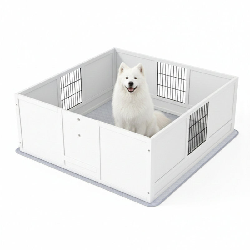 Unité de confinement pour animaux de compagnie, enclos canin comprenant un sous-tapis lavable